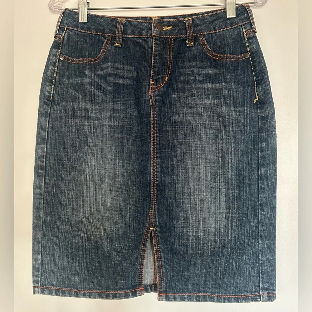 Apt. 9 Denim Pencil Skirt Womens‎ 4P Dark Blue Knee Length Front Slit Casual Y2K